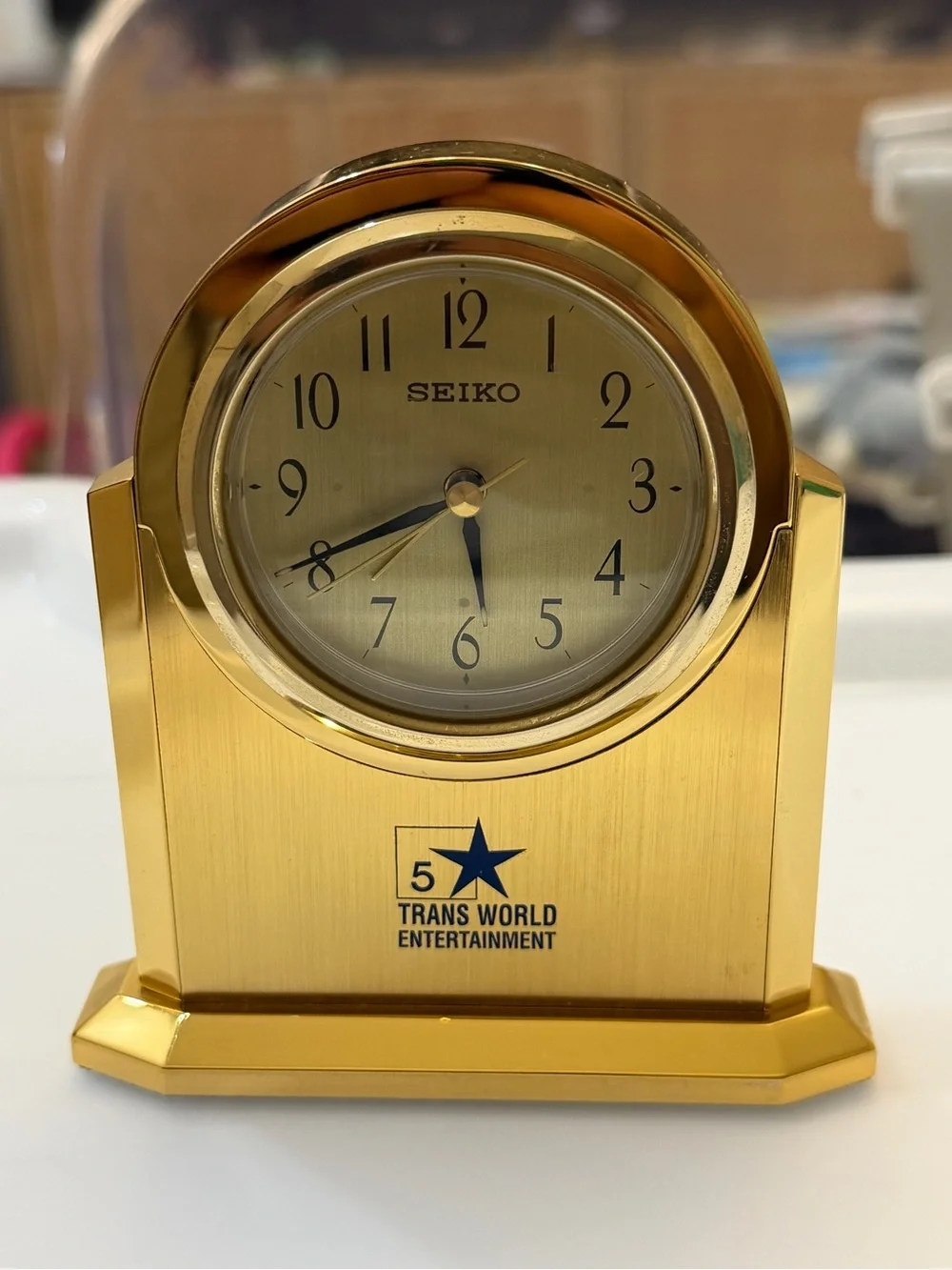 Vintage Seiko QHG202G Brass Desk Clock Trans World Entertainment 5 Yr Service